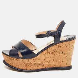 Prada Navy Blue Saffiano Leather Cork Wedge Platform Ankle Strap Sandals Size 40.5