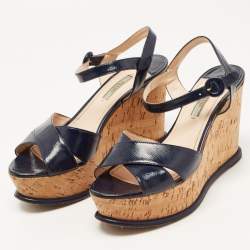 Prada Navy Blue Saffiano Leather Cork Wedge Platform Ankle Strap Sandals Size 40.5