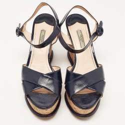Prada Navy Blue Saffiano Leather Cork Wedge Platform Ankle Strap Sandals Size 40.5