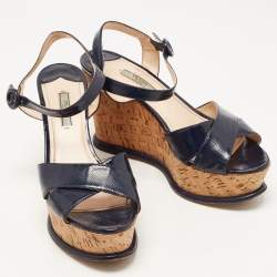 Prada Navy Blue Saffiano Leather Cork Wedge Platform Ankle Strap Sandals Size 40.5