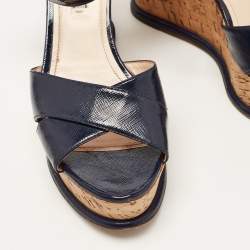 Prada Navy Blue Saffiano Leather Cork Wedge Platform Ankle Strap Sandals Size 40.5