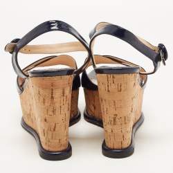 Prada Navy Blue Saffiano Leather Cork Wedge Platform Ankle Strap Sandals Size 40.5