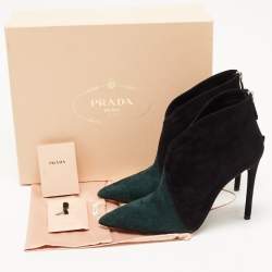 Pre Owned Prada Black/Green Suede Pointed Toe Ankle Booties Size 37.5