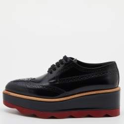 Prada Black Brogue Patent Leather Wave Wingtip Platform Derby Sneakers Size 36.5