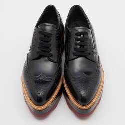 Prada Black Brogue Patent Leather Wave Wingtip Platform Derby Sneakers Size 36.5