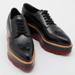 Prada Black Brogue Patent Leather Wave Wingtip Platform Derby Sneakers Size 36.5