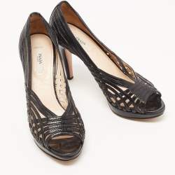 Pre Owned Prada Black Leather Cut Out Peep Toe Pumps Size 37.5