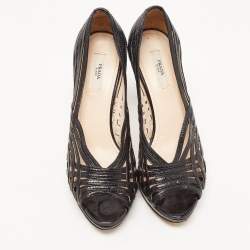 Pre Owned Prada Black Leather Cut Out Peep Toe Pumps Size 37.5