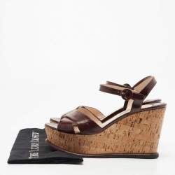 Prada Burgundy Vernice Saffiano Leather Cork Wedge Ankle Strap Sandals Size 40