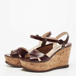 Prada Burgundy Vernice Saffiano Leather Cork Wedge Ankle Strap Sandals Size 40