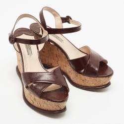 Prada Burgundy Vernice Saffiano Leather Cork Wedge Ankle Strap Sandals Size 40