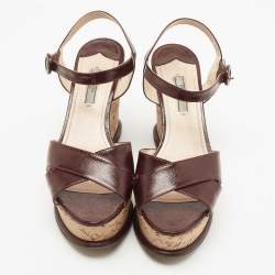 Prada Burgundy Vernice Saffiano Leather Cork Wedge Ankle Strap Sandals Size 40