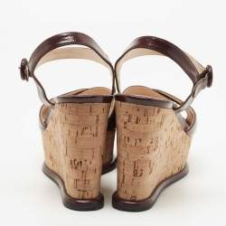 Prada Burgundy Vernice Saffiano Leather Cork Wedge Ankle Strap Sandals Size 40