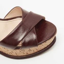 Prada Burgundy Vernice Saffiano Leather Cork Wedge Ankle Strap Sandals Size 40