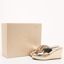 Prada Gold Foil Leather Criss Cross Wedge Platform Slides Sandals Size 38