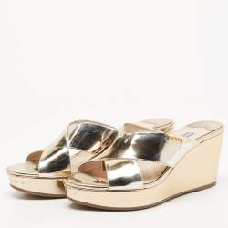Prada Gold Foil Leather Criss Cross Wedge Platform Slides Sandals Size 38