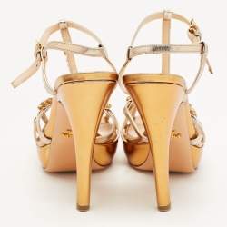 Prada Metallic Leather Crystal Embellished T-Strap Platform Sandals Size 38