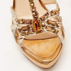 Prada Metallic Leather Crystal Embellished T-Strap Platform Sandals Size 38