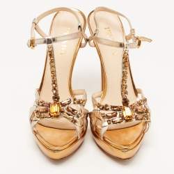 Prada Metallic Leather Crystal Embellished T-Strap Platform Sandals Size 38