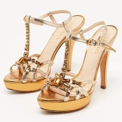 Prada Metallic Leather Crystal Embellished T-Strap Platform Sandals Size 38