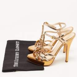 Prada Metallic Leather Crystal Embellished T-Strap Platform Sandals Size 38