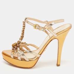 Prada Metallic Leather Crystal Embellished T-Strap Platform Sandals Size 38
