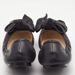 Pre Owned Prada Black Leather Bow Scrunch Ballet Flats Size 37.5
