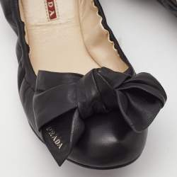 Pre Owned Prada Black Leather Bow Scrunch Ballet Flats Size 37.5