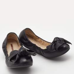 Pre Owned Prada Black Leather Bow Scrunch Ballet Flats Size 37.5