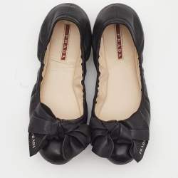 Pre Owned Prada Black Leather Bow Scrunch Ballet Flats Size 37.5
