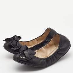 Pre Owned Prada Black Leather Bow Scrunch Ballet Flats Size 37.5
