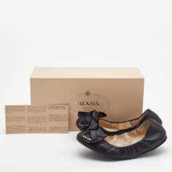 Pre Owned Prada Black Leather Bow Scrunch Ballet Flats Size 37.5