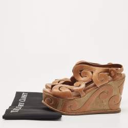 مملوكة مسبقًا Prada Brown Leather Cut Out Wedge Sandals Size 36.5
