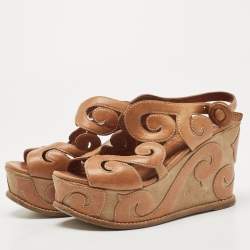 مملوكة مسبقًا Prada Brown Leather Cut Out Wedge Sandals Size 36.5