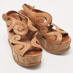 مملوكة مسبقًا Prada Brown Leather Cut Out Wedge Sandals Size 36.5