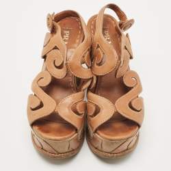 مملوكة مسبقًا Prada Brown Leather Cut Out Wedge Sandals Size 36.5