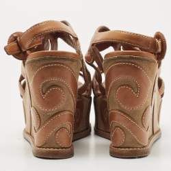 مملوكة مسبقًا Prada Brown Leather Cut Out Wedge Sandals Size 36.5