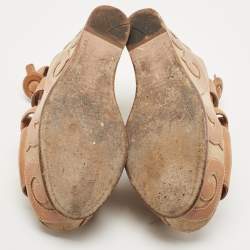 مملوكة مسبقًا Prada Brown Leather Cut Out Wedge Sandals Size 36.5