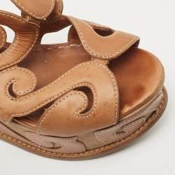 مملوكة مسبقًا Prada Brown Leather Cut Out Wedge Sandals Size 36.5