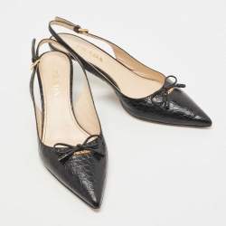 Pre Owned Prada Black Croc Embossed Leather Bow Slingback Pumps Size 37.5