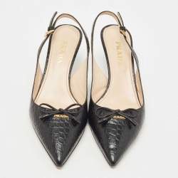 Pre Owned Prada Black Croc Embossed Leather Bow Slingback Pumps Size 37.5