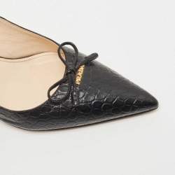Pre Owned Prada Black Croc Embossed Leather Bow Slingback Pumps Size 37.5