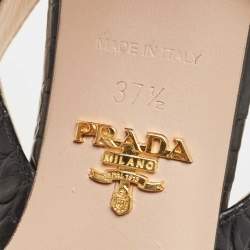 Pre Owned Prada Black Croc Embossed Leather Bow Slingback Pumps Size 37.5