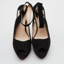 Pre Owned Prada Black Suede Peep Toe Platform Ankle Strap Sandals Size 40