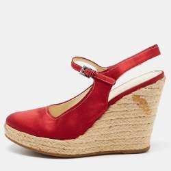 Prada Red Satin Espadrille Platform Wedge Slingback Sandals Size 39