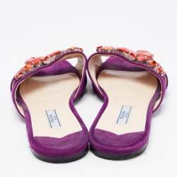 Pre Owned Prada Purple Crystal Embellished Flat Slides Size 37.5