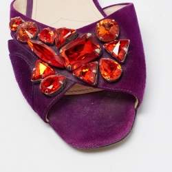 Pre Owned Prada Purple Crystal Embellished Flat Slides Size 37.5