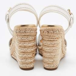 Pre Owned Prada Silver/White Leather Ankle Strap Platform Wedge Sandals Size 36
