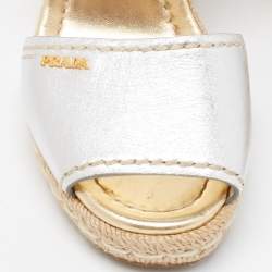 Pre Owned Prada Silver/White Leather Ankle Strap Platform Wedge Sandals Size 36