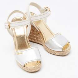 Pre Owned Prada Silver/White Leather Ankle Strap Platform Wedge Sandals Size 36